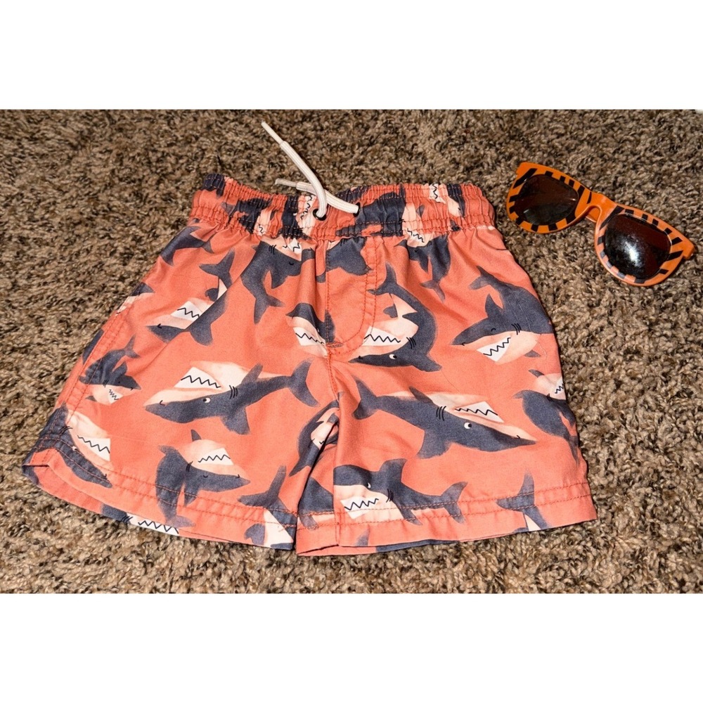 Just One You Orange Shark Pattern Swim Bottoms (Trunks) 18 Months & Sunglasses